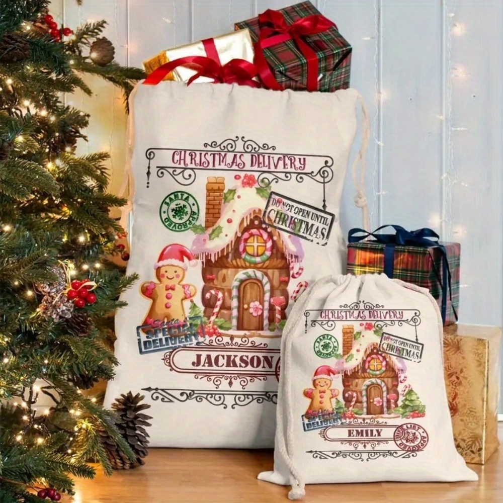 Food Storage Name - Custom Name Festive Gingerbread Print Drawstring